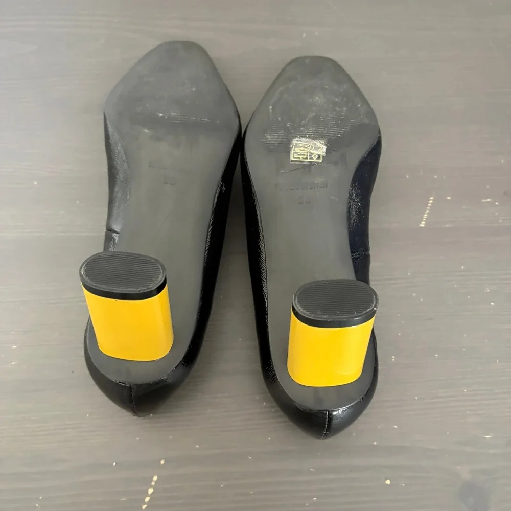 Ethem Pumps Block Heel 38 Black Patent Leather Made in Spain Mod Square Toe